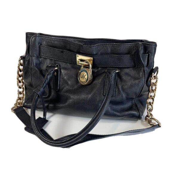Michael Kors Womens Hamilton Leather Purse Tote Handbag Black S Gold Chain Logo - Picture 1 of 10